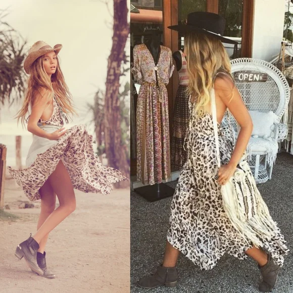 New Spell Designs Wild Ones strappy dress dust M gypsy leopard kerchief midi - Picture 3 of 17